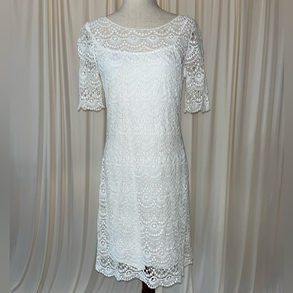 Ralph Lauren White Cotton Crochet Lace Short Sleeve Dress With Slip - Size M - Picture 1 of 12